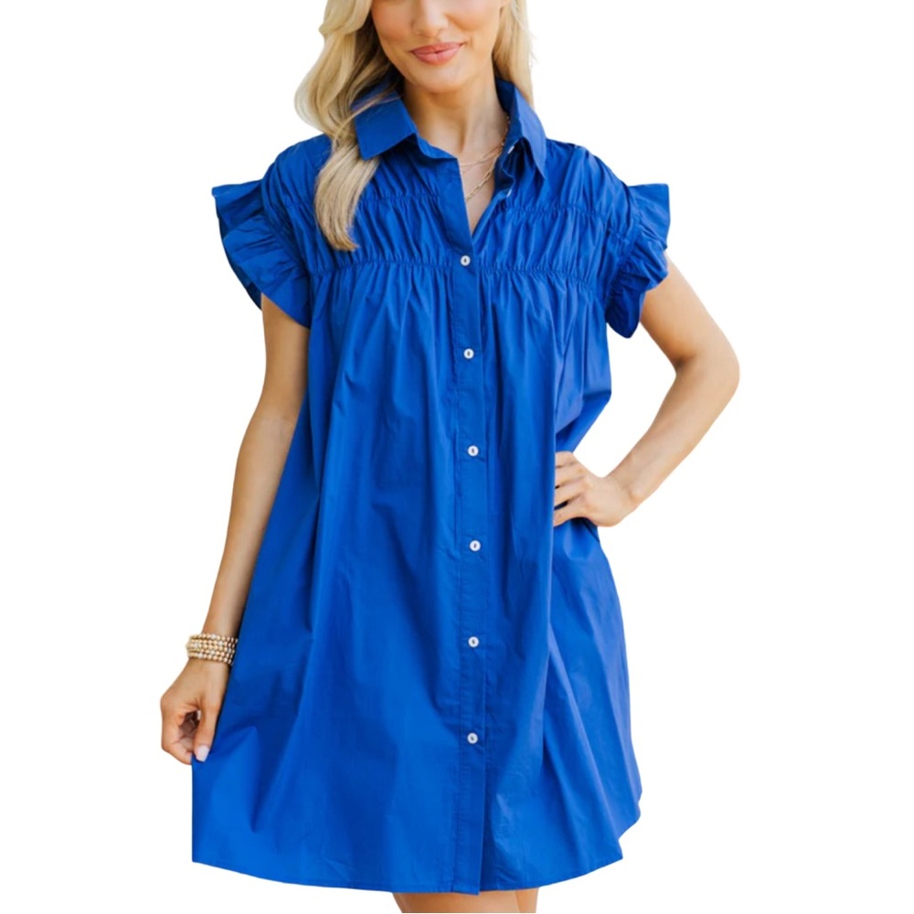 Lili Sidonio Gathered Shirt Dress in Royal Blue Size L